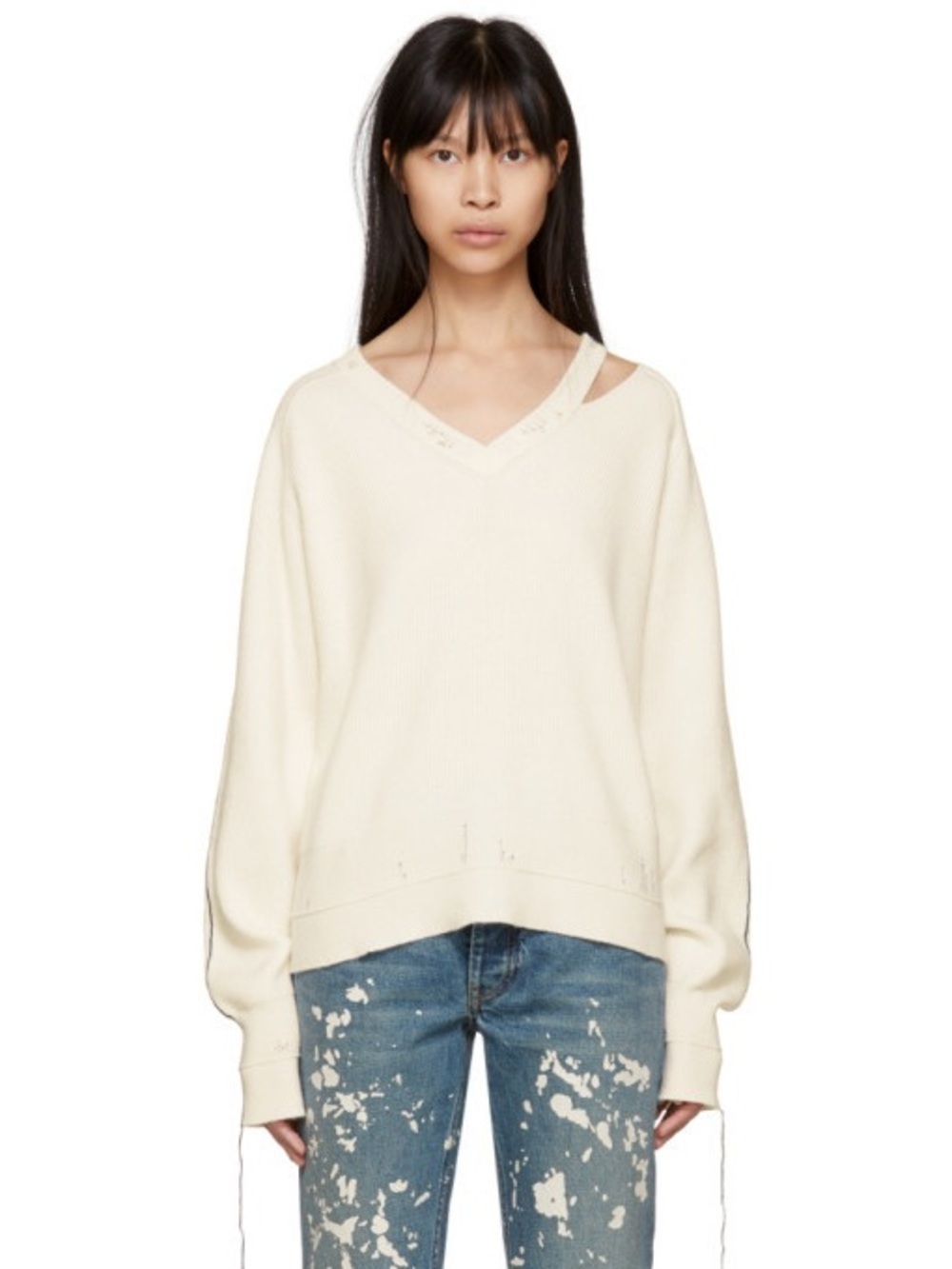 Helmut Lang Ivory Distressed V-Neck Sweater SZ XS Wool Cashmere Blend Ribbed